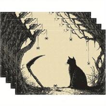 Juego de 1/2/4/6 individuales, estilo de gato negro de Halloween, con patrón de murciélago, tamaño 30x45 centímetros. Los individuales de poliéster de Halloween son adecuados para cocinas/manteles resistentes al calor del hogar, fáciles de limpiar y son accesorios ideales para mesas de cocina del hogar. Son adecuados para reuniones familiares y ocasiones interiores y son la mejor opción para la decoración de Halloween.