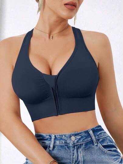 Ladies High Impact Front Zip Wirefree Seamless Elastic Sports Yoga Running BH Women view 8