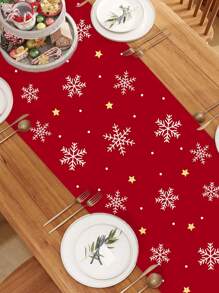 1 pieza Mantel de Navidad de 35 * 180 cm / 13.78 * 70.87 pulgadas, tela con estampado de árbol de Navidad con copos de nieve rojos, adecuado para mesas de cena navideña, decoraciones de fiesta de Navidad, reuniones familiares de invierno, mesas de comedor y de café.