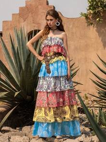 Faeriesty BohoBloom Strapless Multi-Layer Printed Summer Dress - Elegant Spring/Summer Style, Suitable For Beach Weddings | Garden Parties | Brunch | Music Festivals | Tropical Vacations (Belt Not Included) - Multicolor - View 6