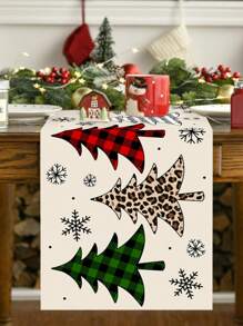 1 pieza Mantel de poliéster de 35*180cm/13.78*70.87 pulgadas, decoración de árbol de Navidad y copos de nieve, fondo simple de color crema estilo nórdico para decoración de mesa de comedor en fiestas, cenas y eventos navideños