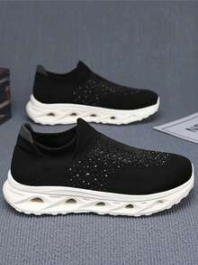 Men's Mesh Shoes 2025 Summer New Thick Soled Thickening Anti-Skid Wear-Resistant Knitted Mesh Breathable Anti-Cold-Odor Men's Mesh Shoes For Outdoor Wear Fashion Versatile Soft Comfortable Men's Socks Shoes Embellish Home Soft Sole Soft Surface Soft Comfortable Home Shoes For The Elderly Father Shoes Walking In The Park Comfortable Men's Walking Shoes - Black - View 3