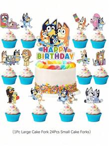 Bluey ديكور حفلة عيد ميلاد بلوي الكرتونية، ديكور حفلة عيد ميلاد كارتوني يشمل علم كعكة كبيرة وعلم كعكة صغيرة