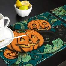Juego de 4/6 piezas, decoración para el hogar, fantasma de Halloween, mantel con estampado de cabeza de calabaza, adecuado para mesas de comedor, decoración multifuncional para primavera, verano, otoño e invierno, moderno y lavable, resistente al calor y a las manchas, decoración de habitación, posavasos, mantel de mesa de cocina, decoración a juego, decoración del hogar, regalo ideal para Halloween