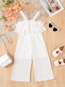 Girls' Silk-Like Creased Spaghetti Strap Jumpsuit With Ruffle Hem For Summer Holiday - White - View 1