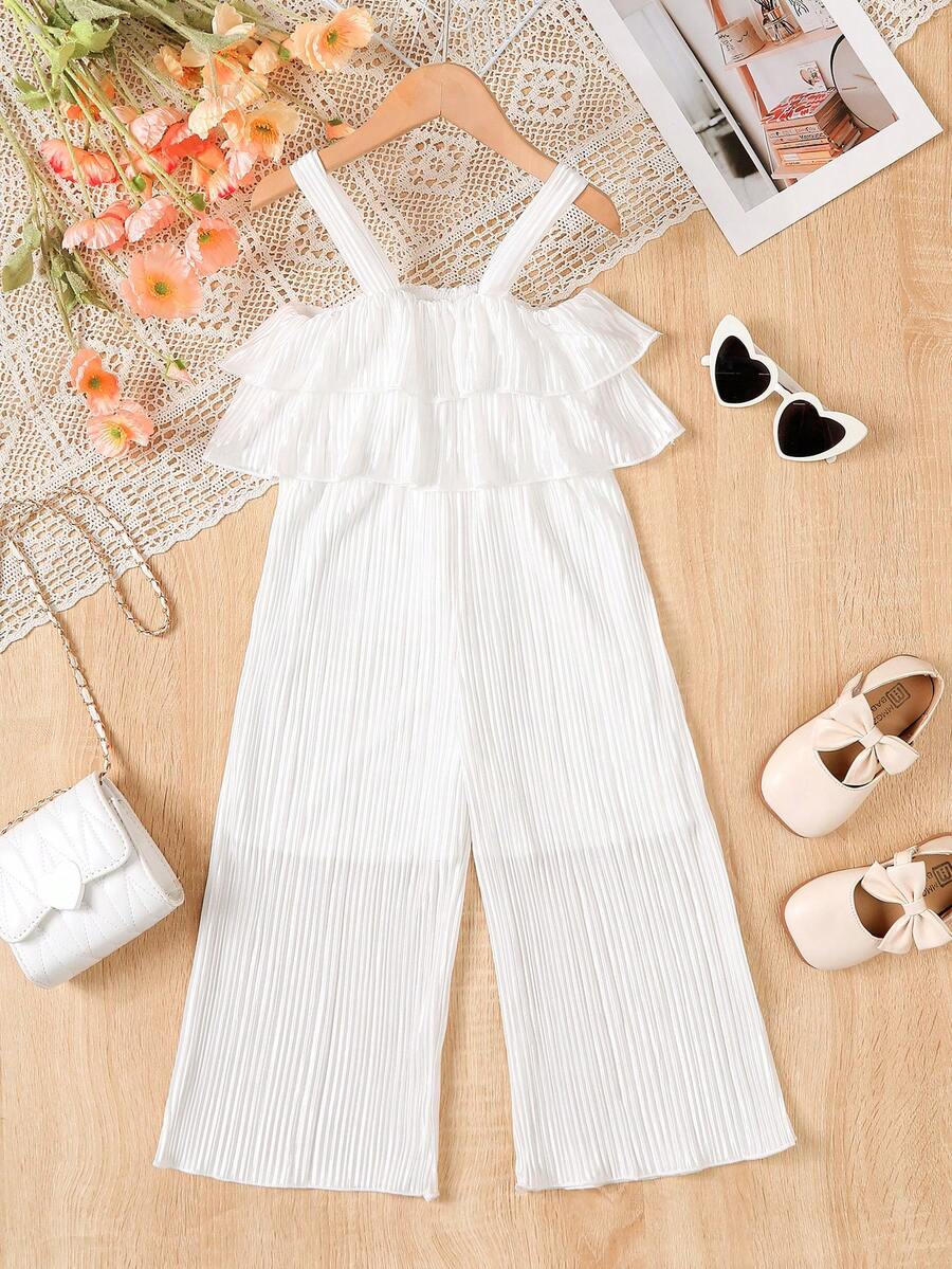 Girls' Silk-Like Creased Spaghetti Strap Jumpsuit With Ruffle Hem For Summer Holiday - White - View 1