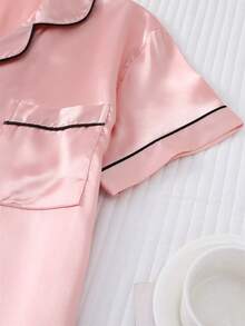 Blusa de solapa de satén para mujeres y traje de pijama para pantalones cortos con lazo,Pijamas y ropa de casa, conjuntos de dos piezas - Rosa - Ver 4
