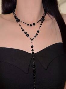 Vintage Edgy Goth Style Double Beaded Tassel Necklace, Sexy Long Necklace Sweater Chain For Women