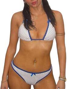 Alyweatry Women Y2K Bikinis Sets Coquette Aesthetic Bows Halter Tie Up Bikini Top High Cut Elastic Waist Bikini Bottom - 藍色圓點 - 查看 1