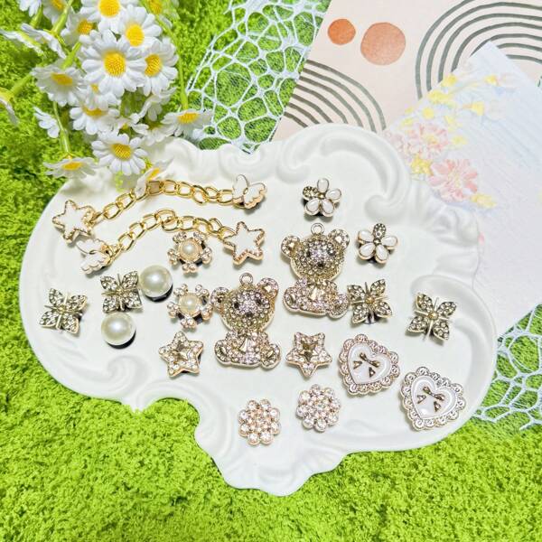 20 piezas de broches con forma de oso, corazón y estrella dorados, aptos para zapatos con agujeros como pantuflas, sandalias, zuecos de jardín y calzado de playa, accesorios desmontables DIY