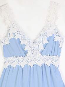 Vestido Largos Elegant Para Mujer,Vestido Tank Con Encaje Y Adornado Con Volantes,Vestido Unicolor Con Escote En V Profundo, Perfecto Para Vacaciones - Azul - Ver 5