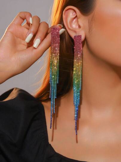 Rainbow Tassel Earrings Rhinestone Dangle Earrings For Women Boho Long Drop Crystal 1 Pair