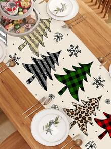 1 pieza Mantel de poliéster de 35*180cm/13.78*70.87 pulgadas, decoración de árbol de Navidad y copos de nieve, fondo simple de color crema estilo nórdico para decoración de mesa de comedor en fiestas, cenas y eventos navideños