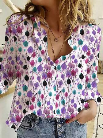 女士时尚新款单排扣长袖印花衬衫