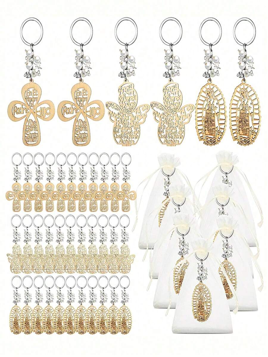 30pcs Wooden Baptism Keychain With Organza Gift Bag, Baptism, Wedding And Party Supplies