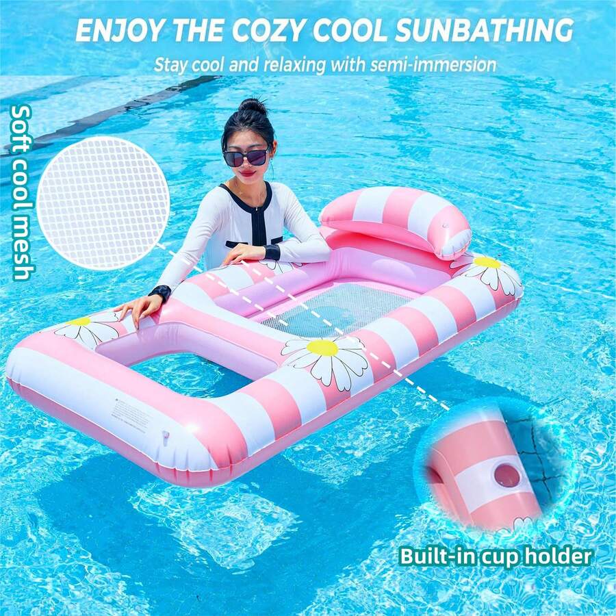 1 Set Of Pool Lounger Floats Adult-Extra Large Pool Inflatable Pool Floaties Raftst Floating Chair Water Floaties For Swimming Pool Lake Lounge Float With Cup Holders Beach Vacation Pool Party, Beach Essentials, Beach Accessories - Multicolor - View 1
