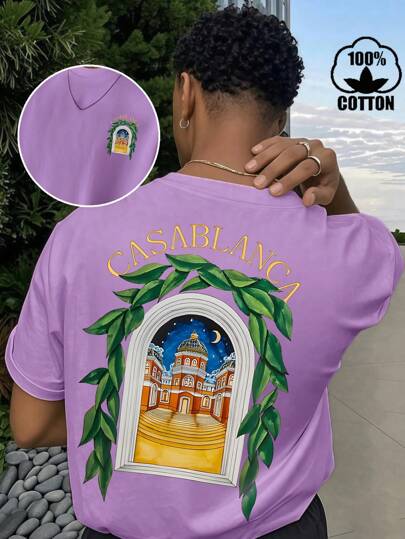 T-shirt da uomo in cotone a coste, stampa con motivo a castello nella notte di luna, abbigliamento sportivo da uomo in stile college per la primavera e l'estate, top a maniche corte viola da uomo alla moda, morbidi e traspiranti.