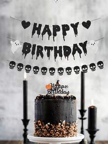 1pc Black Glitter Halloween Birthday Banner Black Heart Skull Garland Halloween Happy Birthday Decorations For Halloween Birthday Party Decorations Theme BabyShower Supplies - Multicolor - View 5