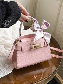 2025 鳄鱼压纹女士手提包，百搭女士小号托特包，适合工作和日常使用，配有围巾 - 粉色 - 查看 1