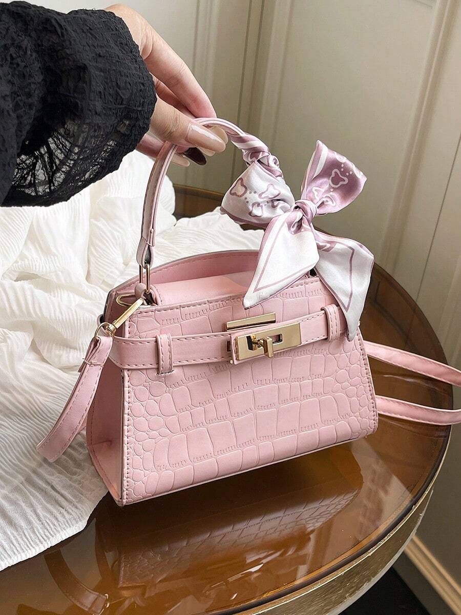 2025 鳄鱼压纹女士手提包，百搭女士小号托特包，适合工作和日常使用，配有围巾 - 粉色 - 查看 1