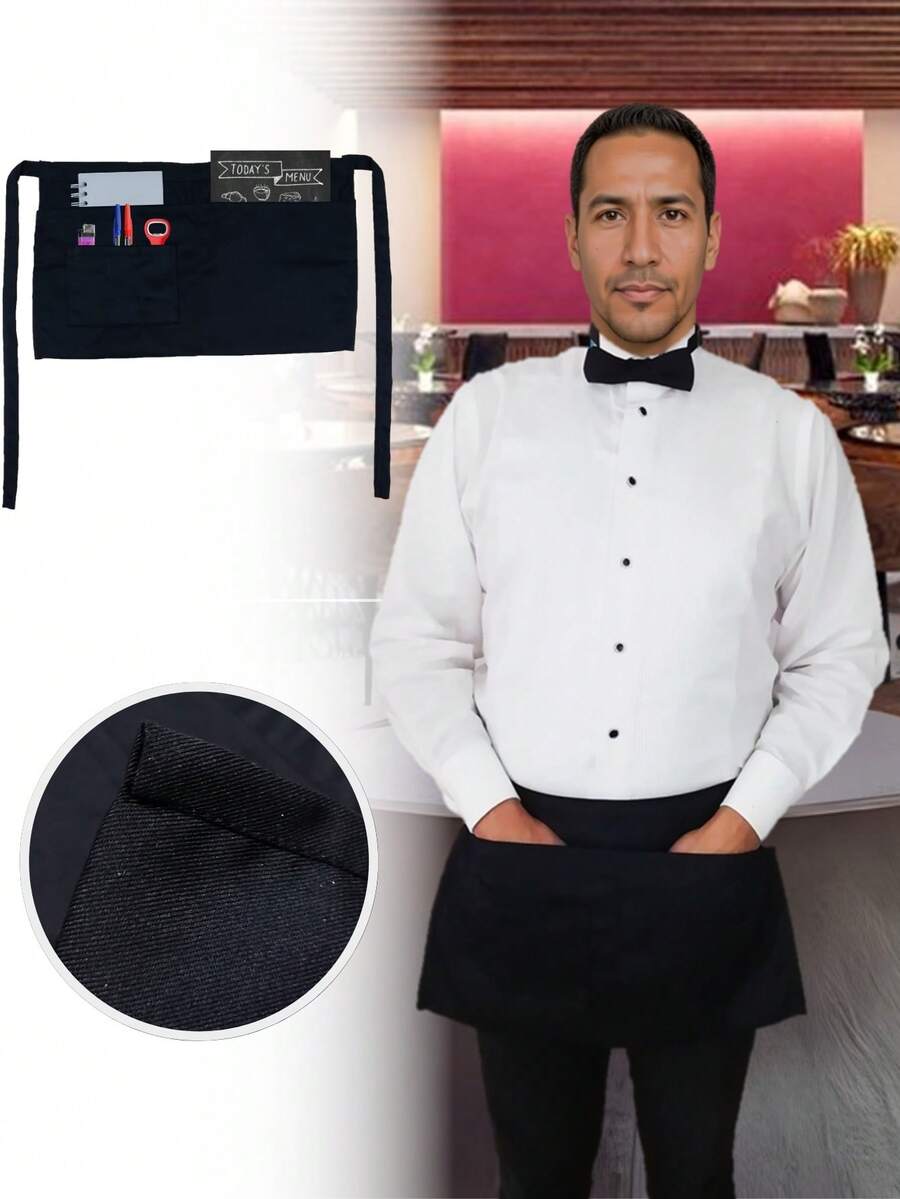 Mandil Corto Mesero Cantinero Con Bolsas Medio Delantal Gabardina 80% Algodón - Negro - Ver 1