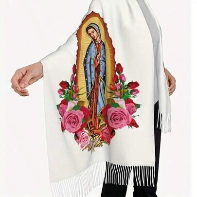 Winter Essential, Luxe Mexican Floral Print Women's Scarf - Soft And Warm, Fringed Shawl | Versatile Accessory For Coats, Sweaters And Suitcases