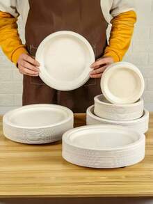 100/50个纸盘，日常使用沙拉盘，蛋糕盘，烧烤盘，微波炉适用，适用于婚礼，家庭聚会，自助餐，夏季泳池派对，生日派对，返校，可堆肥甘蔗纸盘，一次性盘子