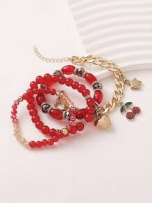 Conjunto de 4 pulseiras com pingente de coração de cereja e contas de vidro geométricas Boho, corrente CCB, adequadas para mulheres, uso diário, casual, boate, viagem