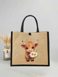 迷人的苏格兰高地牛主题印花亚麻手提包和化妆包，印有捧花小牛图案，零钱包，拉链包，个性礼品包，卡通趣味多功能手提包，黄色亚麻黑色手提包配黑色扣，购物袋 - 彩色 - 查看 5