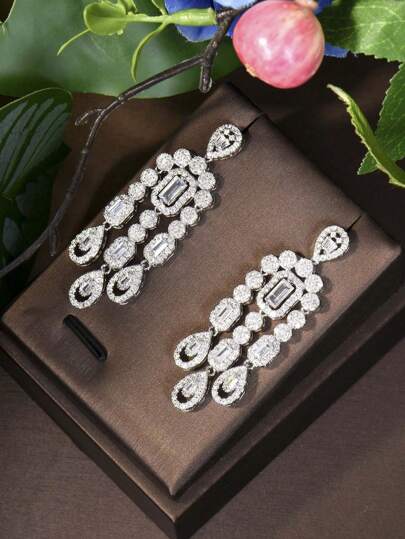 1 Pair Cubic Zirconia Water Drop Dangle Earrings, Suitable For Women Wedding & Party