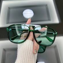 1 Pair Of Retro Large Frame Fashion Glasses |   Retro Fashion Style Minimalist Casual Oval Glasses,  Protection, Plastic Frame - 綠色 - 查看 7