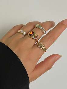 Set de 6 piezas de anillos de lujo con diamantes de imitación, anillos abstractos de metal dorado vintage asimétricos, adecuados para uso diario, vacaciones y decoración de joyas para fiestas de mujeres - Amarillo Oro - Ver 4