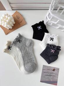 5 Pairs Women Frilly Edge Bow Patterned Ankle Socks - Cute Cartoon Design, Multi-Color Bow Comfortable Soft Casual Sport Travel Versatile Socks, Minimalist Style For Daily Wear