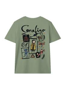 女式夏季卡通和口号图案圆领短袖 T 恤，休闲宽松百搭假日风格绿色上衣，时尚夏季服装适合日常假日穿着，卡罗琳和幽灵图案 - 草綠色 - 查看 4