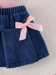3pcs/Set Baby Girl Fashion Minimalist 3D Bow Decor Pink Ribbed Cap Sleeve T-Shirt, Bow Decor Elastic Waist Denim Skirt, Bow Headband Set