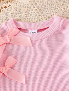 2 pièces/set Mode bébé fille rose mignon Débardeur à décoration de nœud papillon 3D à manches longues et pantalon en jean avec nœud papillon élastique à la taille, ensemble - Rose bonbon - Voir 4