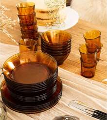 Shoppe house - Set Completo de Vajilla de Vidrio Templado 44 Piezas: Incluye 1 Plato Redondo Profundo (28 cm), 1 Ensaladera (23 cm), 6 Bowls Pequeños (10,5 cm), 6 Platos Hondos (19,5 cm), 6 Platos de Postre (19 cm), 6 Platos Llanos (23,5 cm) y más - Ambar - Ver 2