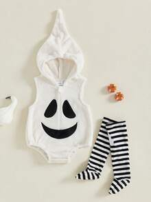 Baby Cosplay Costume Sleeveless Hooded Ghost Romper With Striped Stockings Halloween Clothes For Girls Boys - White - View 4