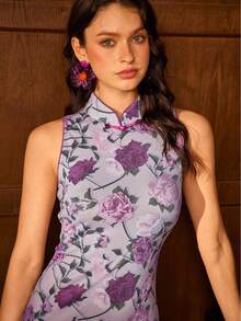 Wykwintna damska nowa chińska sukienka bez rękawów Cheongsam - klasyczny kołnierzyk typu stójka, elegancki kwiatowy nadruk, kaskadowe falbaniaste obszycie - formalna odzież na wieczorowe gale, bankiety w stylu black-tie, wesela, imprezy na czerwonym dywanie i dyplomatyczne kolacje - Słodki róż - Zobacz 6