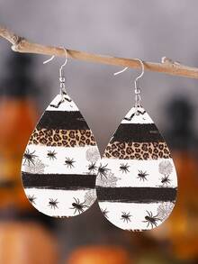 1 对哥特式蜘蛛网和豹纹泪珠吊坠耳环，万圣节 PU 双面派对耳环，万圣节耳环礼物