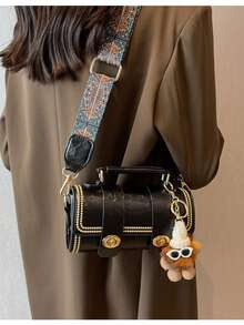 1pc Mini Retro Round Handbag For Women, Daily Use (With Furry Decoration) - Black - View 4