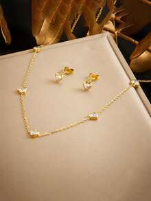 1 Set Fashionable Minimalist Niche Rhinestone Transparent Heart Pendant Necklace & Earrings Stainless Steel Gold-Plated Jewelry Set - Necklace + Earrings - View 4