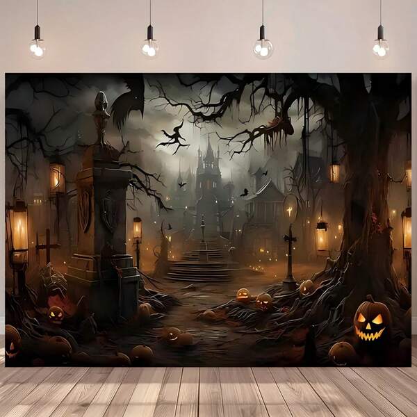 1pc, Ghost Halloween Cemetery Background Fabric, Polyester Fabric, Tombstone, Pumpkin, Creepy Mansion, Bat And Dim Light Background Design, Suitable For Halloween Party Decoration, Haunted House Setting, Horror-Themed Activities
