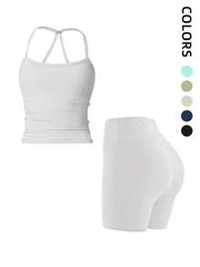 1 Pack Summer Women's Open Back Tracksuit Set Camisole Top High Waist Yoga Shorts Quick Dry Set Is Suitable For Holidays, Travel Work, Sports Wear - Xám - Xem 1