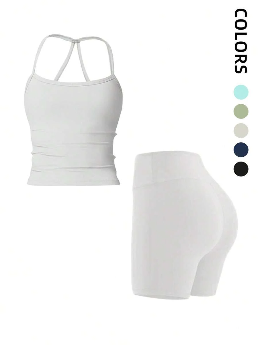 1 Pack Summer Women's Open Back Tracksuit Set Camisole Top High Waist Yoga Shorts Quick Dry Set Is Suitable For Holidays, Travel Work, Sports Wear - Xám - Xem 1