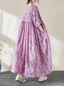 Topy, Letnia długa sukienka w kwiaty, Fioletowa sukienka, Czeska swobodna sukienka plażowa na wakacje, Damska sukienka w dużych rozmiarach, Letnia sukienka z okrągłym dekoltem i jednym rękawem 2025, Luźna duża plisowana sukienka, Losowy nadruk, Jedna sukienka