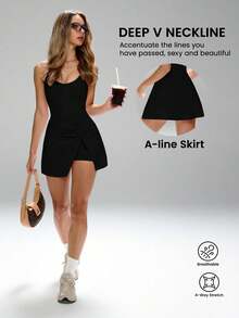 FWH 可拆卸 Bralette 和收腹裙短裤、瑜伽街头百搭连衣裙，防偷看设计、女性化扭纹前部设计、端庄性感、交叉腰部细节和臀部裙短裤、全覆盖安全、瑜伽/普拉提无限制运动、#GymToGardenParty #FeminineActivewear #ModestButSexy、扭纹前部健身裙、裙摆运动裙、约会之夜准备、臀部修身、优雅运动裙 - 黑色 - 查看 4