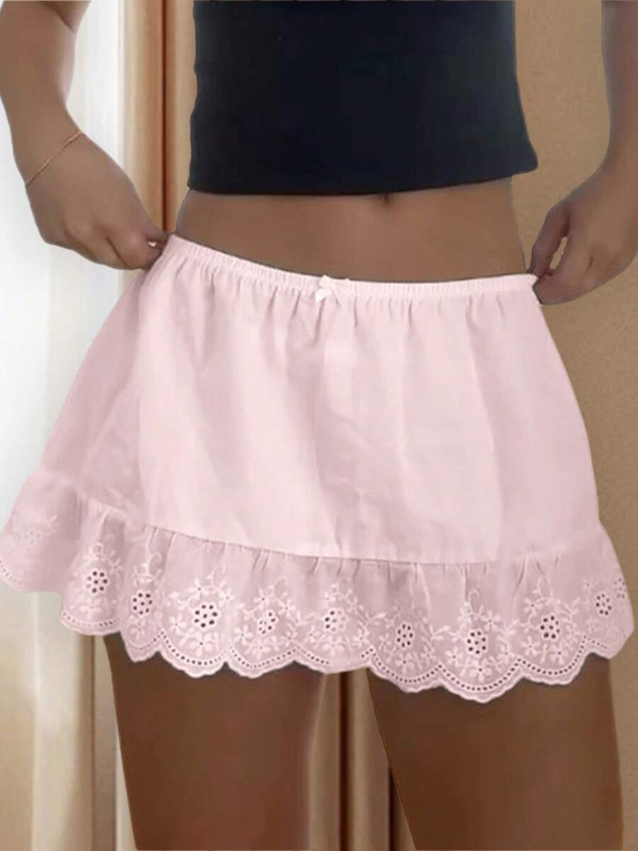 Women Eyelet Lace Trim Mini Skirt Low Rise Elastic Waist Summer Casual A Line Fairycore Y2k Short Skirts Underskirts - 粉色 - 查看 1