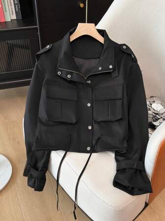 Chaqueta utilitaria de mujer para otoño/invierno, con cuello de embudo a la moda, múltiples bolsillos con cintura ajustable con cordón, estilo casual y versátil tipo cargo