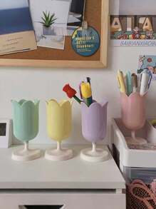 郁金香笔筒 - 泥土花卉桌面收纳盒，适用于化妆刷、办公用品和文具 - 鲜艳色彩的塑料装饰收纳盒，文具收纳 | 柔和的装饰 | 亮面处理。适合四季，用于学校用品，返校季